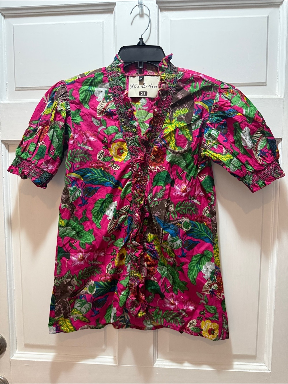 Foxen & Finn XS Pink Tropical Ruffle Blouse